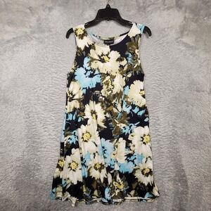 Nina Leonard Floral Print Tank‎ Dress Womens M Sleeveless Casual Sun Pockets